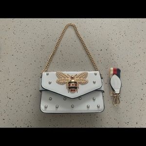 Copy Gucci Pearl Bee Leather Handbag
